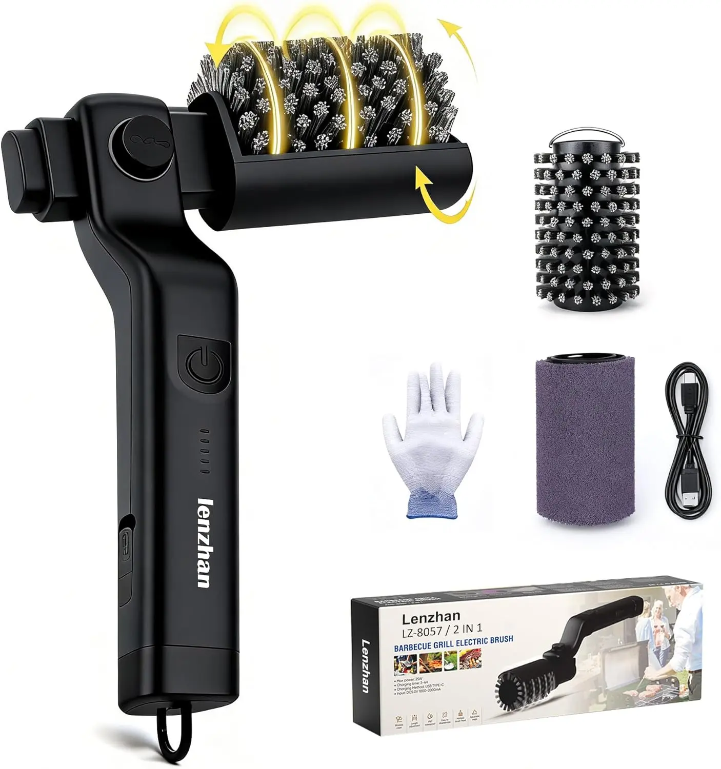 Cordless Grill Brush, 180° Adjustable 3-Speed Motor – Waterproof, 90-Min Runtime, Stainless Steel Head