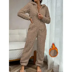 Winter Fleece Lined Hooded Jumpsuit, Thick Plain Home Wear with Zipper Design, Cozy Plush One-Piece for Cold Weather