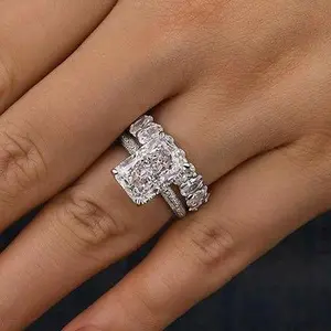 Louily Jewelry Luxurious Elongated 6.0ct Radiant Cut Engagement Ring Set for Women, 5A Cubic Zirconin Sterling Silver Elegant Promise Ring Set