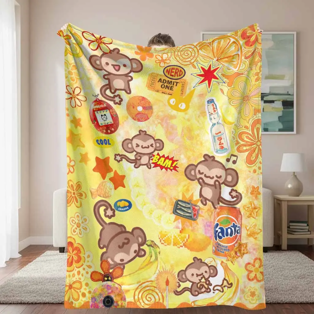 Cute Monkey Flannel Fabric Throw Blanket, Retro Orange Fanta Cartoon Prints, Wrinkle Resistant, Anti-Pilling, Breathable, Durable, Soft, Lightweight, Multi-Size, Indoor Animal Graphic Blanket for Home & Office Decor, Gift Use, Feel Cosy