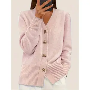Elegant Women's Knit Cardigan, V Neck Sweater Coat, Heart Button Design, Soft Comfortable Fit, Perfect for Fall & Winter, Knitwear