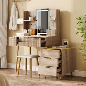 Vanity Desk with Mirror and Lights, Fluted Small Makeup Vanity with 6 Storage Drawer, Stool, Shelves, Wood Dressing Table Set for for Women Girls Bedroom, Natural Oak