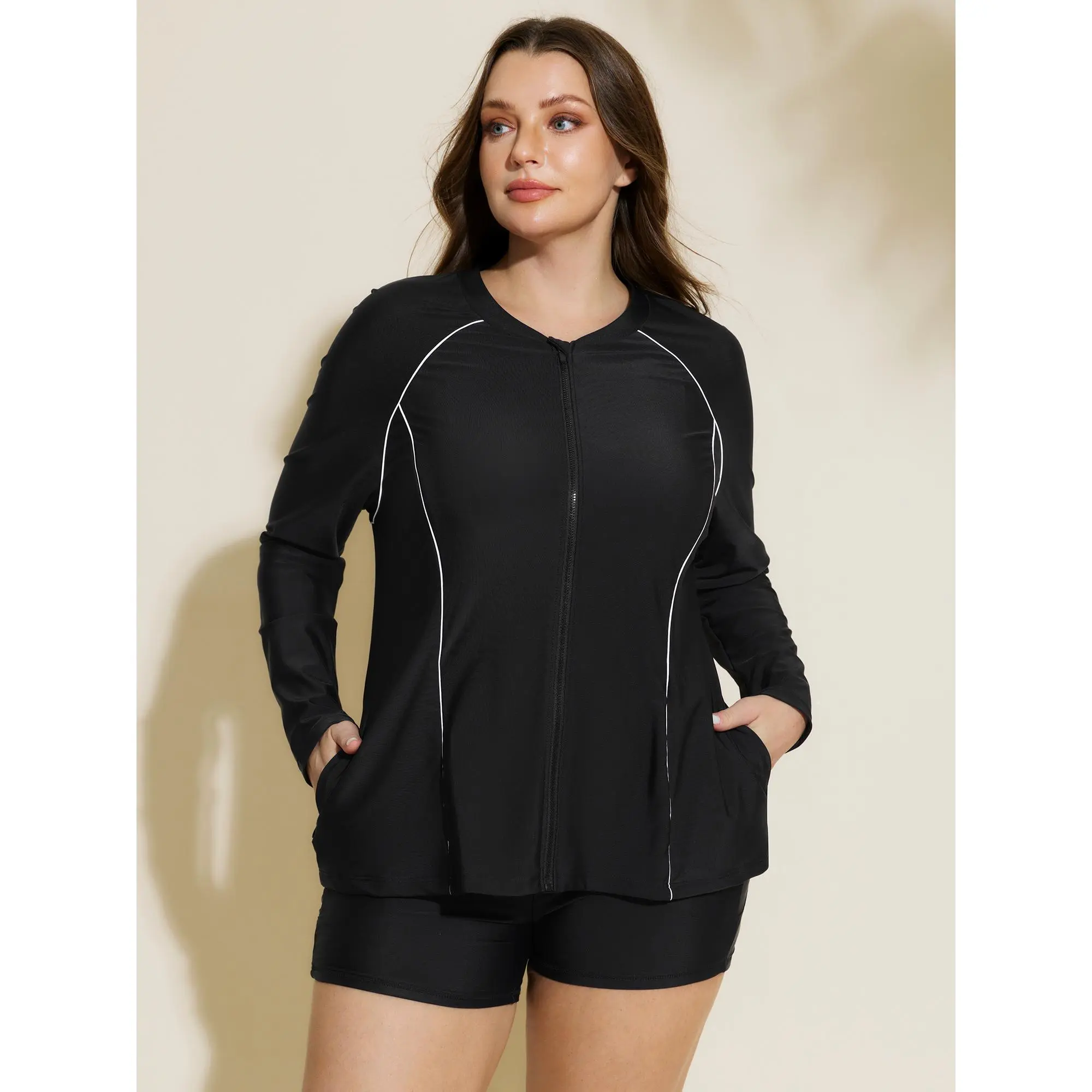 BloomChic Women's Plus Size Fitted Colorblock Long Sleeve Rash Guard Swimwear - Front Zipper, UV Protection, Nylon - for Swimming, Water Sports, Cold Wash, Swimsuit For Women, Female, Color Block, Full Length, High Stretch, Machine Washable, No-Chest Pad,