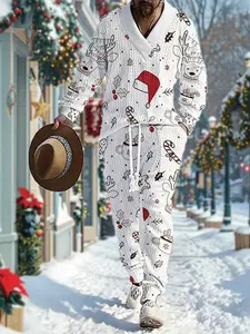 Black Friday Christmas men's solid color jacquard off shoulder V-neck top and waist cinching pants set, regular casual and fashionable long sleeved pullover and pocket pants, suitable for daily wear, autumn and winter men's sets, christmas、christmas gift