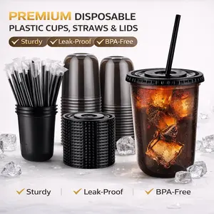 100 sets of 500ml black transparent plastic cups (with lids and straws) Disposable iced coffee cups, perfect for parties and coffee events Lightweight PET material, leak-proof lid with U-shaped design Essential for the New Year to go coffee cup