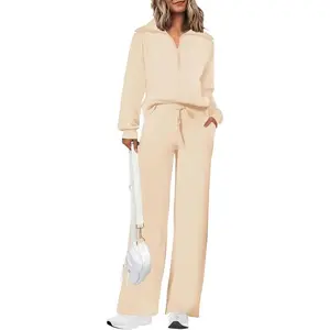 Women’s two-piece casual sports set featuring a collared half-zip sports shirt and wide-leg pants, long-sleeved design