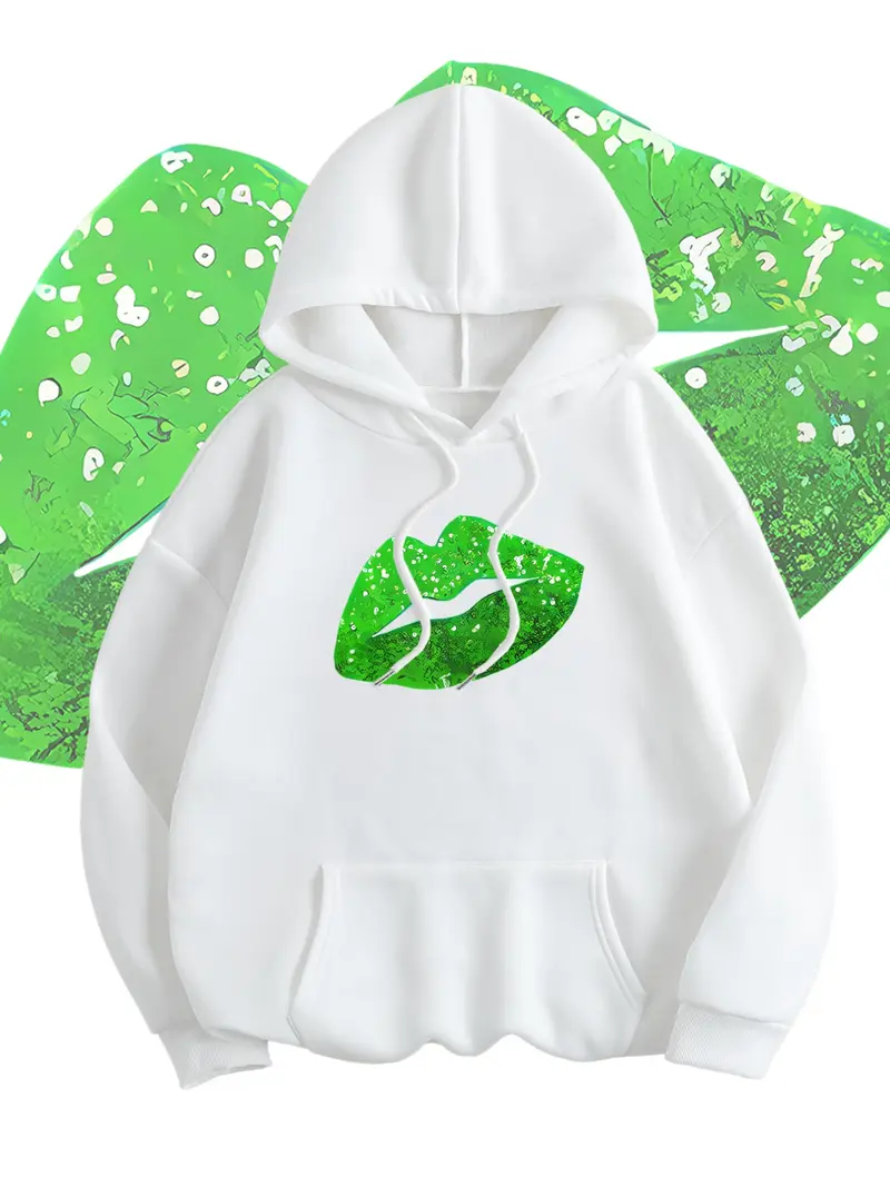 Women's Drawstring Hoodie with Lip Print, Soft and Warm, Casual Fitted Design, Pockets, Fall & Winter Fashion