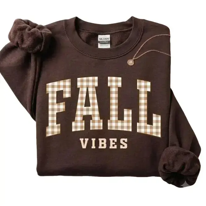 Fall Vibes Sweatshirt, Plaid Letter Crewneck, Cozy Autumn Pullover, Dark Chocolate Brown Sweatshirt, Casual Fall Outfit, Soft Comfortable Long Sleeve Top, Thanksgiving Gift for Women, Autumn Lover Gift