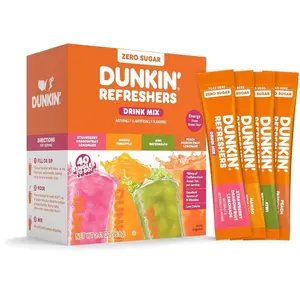 Dunkin’ Refreshers Singles To Go! Powdered drink mix packets, 40 Ct Variety Pack, 40 Single serve Packets per Box (40 servings), Energy from Green Tea, aspartame-free, no synthetic colors, naturally and artificially flavored, just add water