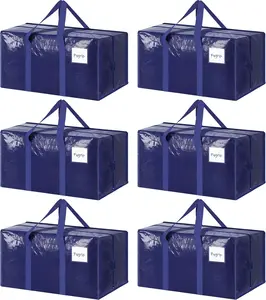 6 Pack Extra Heavy Duty Large Moving Bags with Strong Zipper & Comfortable Handles, Sturdy & Durable Clothes Storage Bags Totes Bins, Blue Packing Moving Boxes