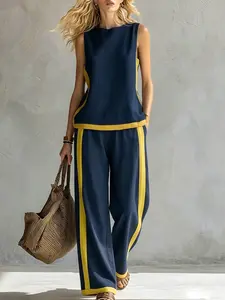 Colorblock Sleeveless Wide-Leg Pants Set, Loose Fit Breathable Two-Piece, Casual Commute Vacation Wear, All-Season Suit Womenswear