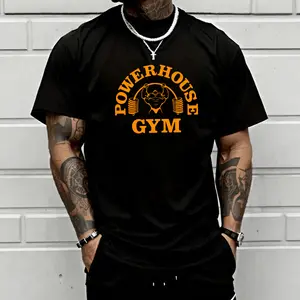 Fitness Style | “Powerhouse Gym” Strength Training Print T-Shirt, slim fit, heavyweight pure cotton fabric, orange retro fitness logo, moisture-wicking and breathable, showcases a hardcore strength vibe, suitable for training and everyday wear, creates a