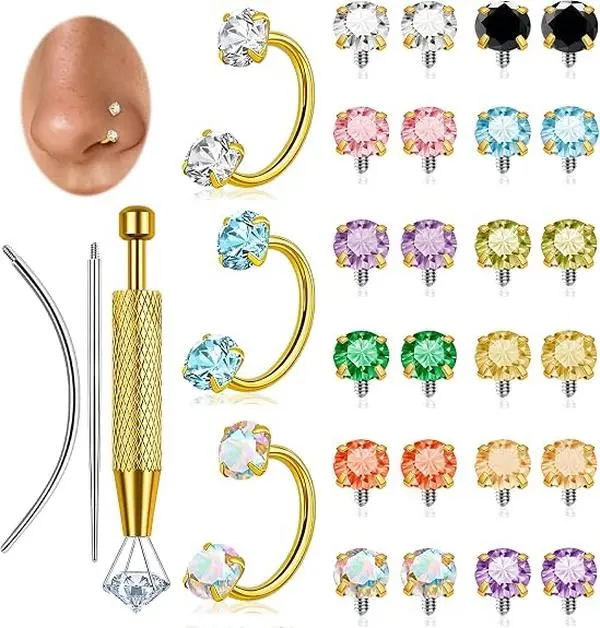 18G Horseshoe Nose Rings for Women, Surgical Steel Double Gem Half Nose Rings Hoops Internally Threaded Cartilage Helix Tragus Eyebrow Lip Nose Piercings Jewelry for Women