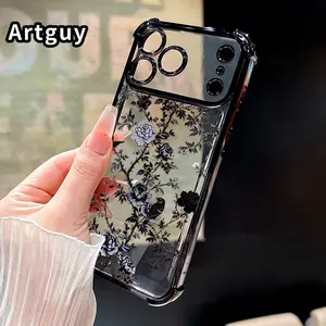 Clear Protective Four Corners Air Cushion Anti-drop Phone Case For iPhone 17 Pro Max 16 15 Plus Air 14 13 12 11 E Shadow Forest Peony Pattern Premium Plated Cover Casing