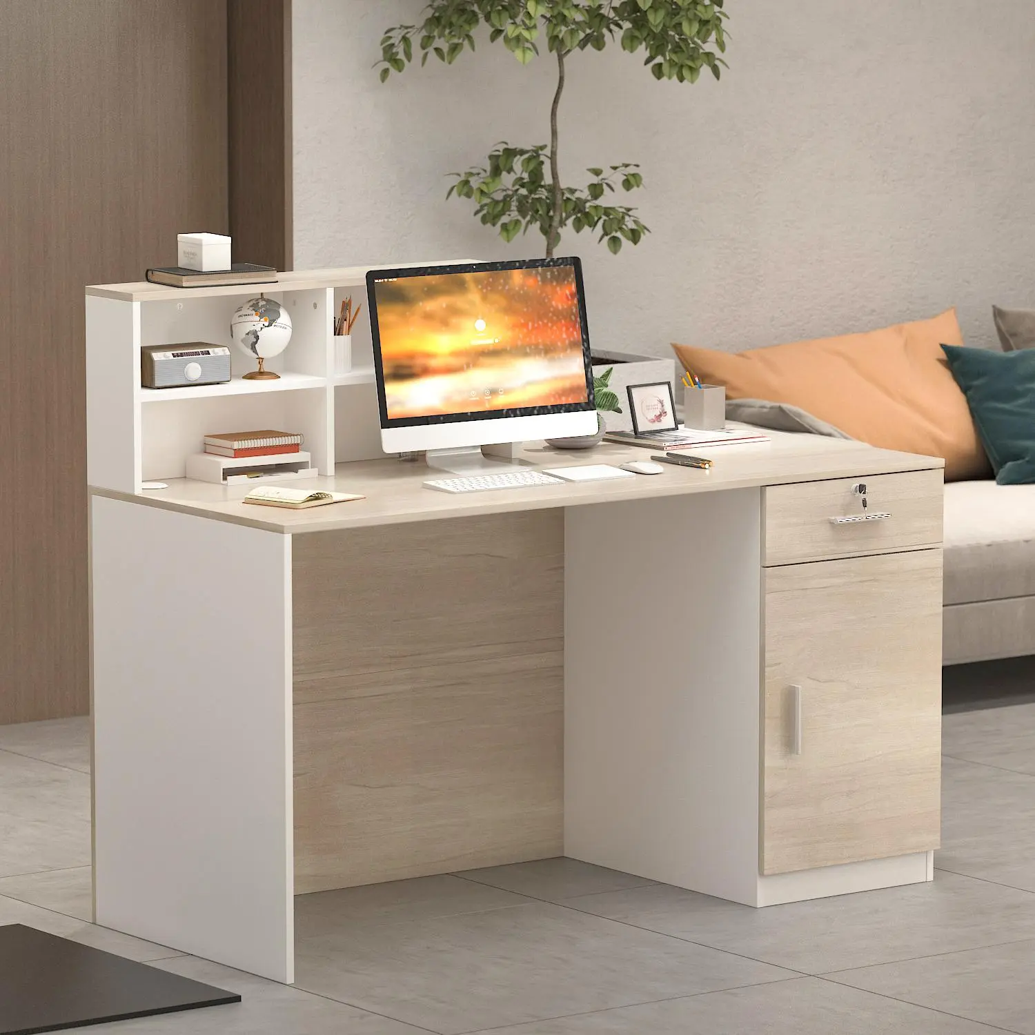 FUFU&GAGA Office Reception Desk with Counter, Lockable Storage Drawers, Wood Computer PC Desk for Home Office Workstation