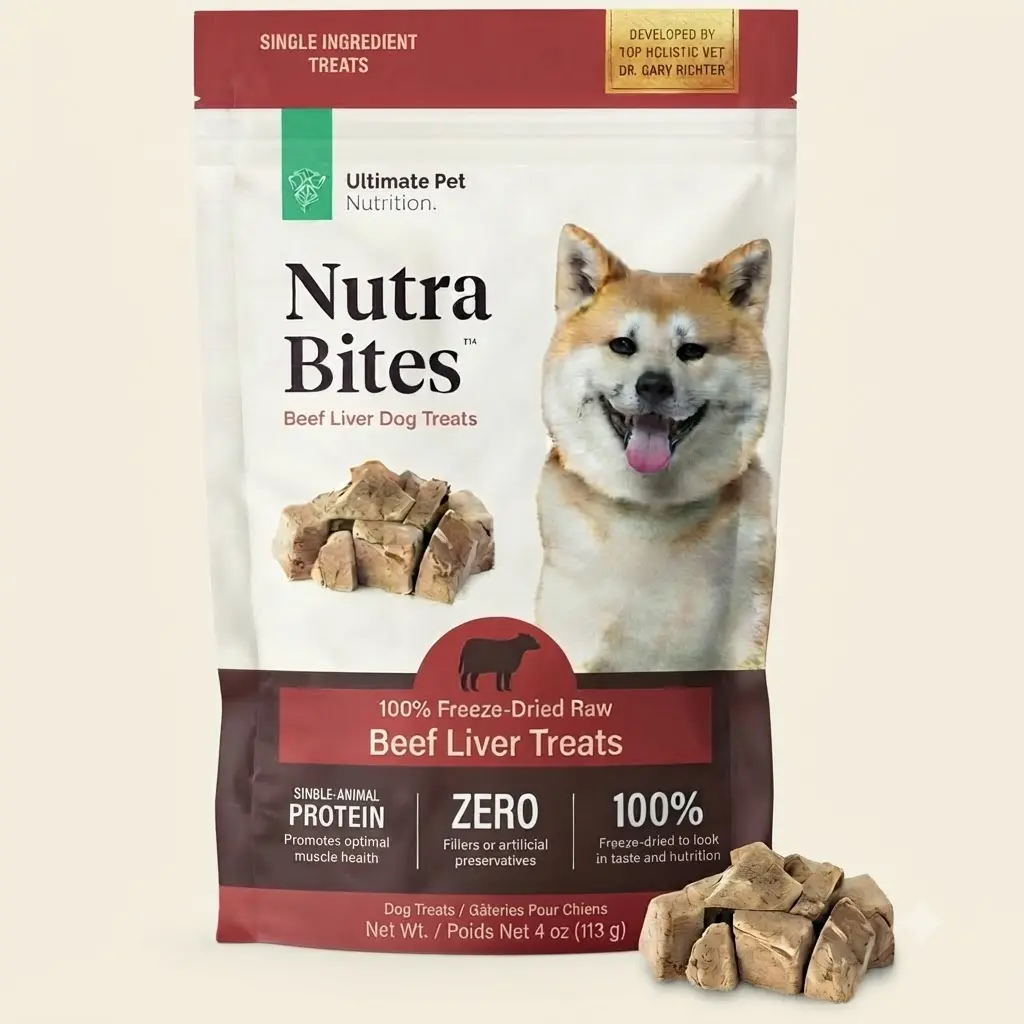 ULTIMATE PET NUTRITION Nutra Bites Freeze Dried Raw Single Ingredient Training Treats Food Topper for Dogs, Vet-Developed High Protein Snack, 4 Ounces, Beef Liver Flavor