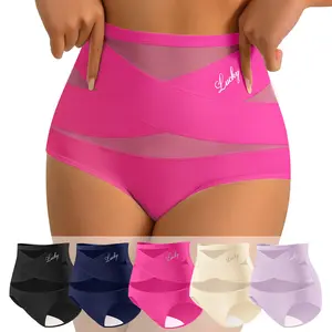OLISHI 5/6/8-Pack Morelect 4/5/6/8 Pcs Women's High Waist Cross Mesh Panties, Breathable Lightweight Stretchy Underwear, Lucky Logo Soft Briefs for Spring Summer, Everyday Airy Fit,Size S-4XL