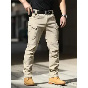 [Waterproof Cargo Pants] Waterproof Men's Khaki Cargo Pants - Multiple Pockets, Casual Jogger Style, Polyester Fabric, Machine Washable, Outdoor Activity Pants