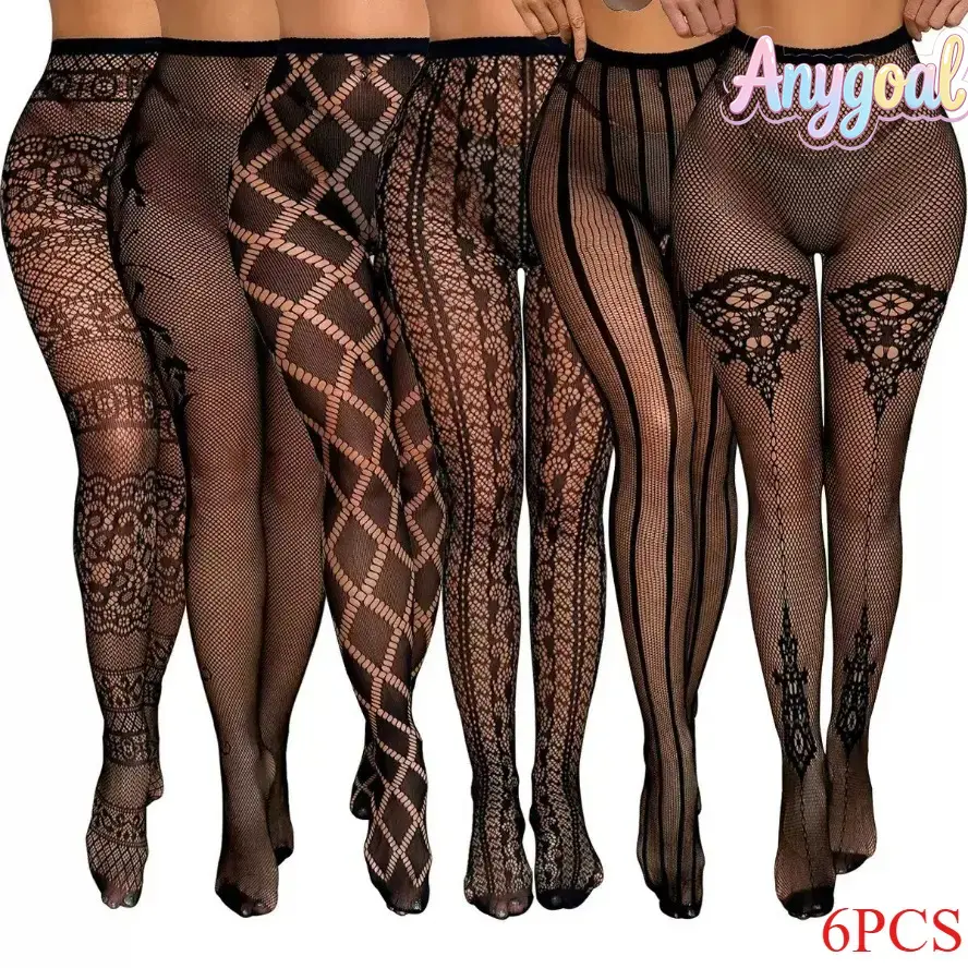 Anygoal Sexy Lady's 6pcs Chic Fishnet Tights Set - 3pcs Thigh High Stockings, High Waist Floral Stretchy Suspender Pantyhose, Comfortable Stylish Leisure Outfit Accessory for beach outfits SummerVibes