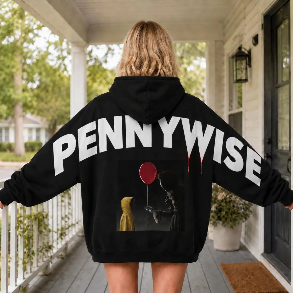 Pennywise Horror Shoulder-to-Shoulder Back Lettering Sweatshirt Hoodie, Scary Clown Tee, Halloween Shirt, Horror Movie Fan Gift Hoodie