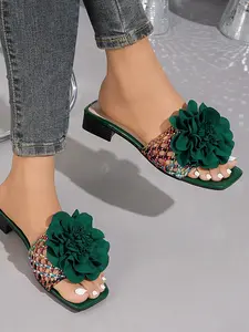 Women's Elegant Patchwork Square Toe Slip-On Shoes, Fashionable Slide Sandals, Artificial PU Leather Medium Width Less Than Ankle Height, Casual Daily Wear, Unique Patchwork