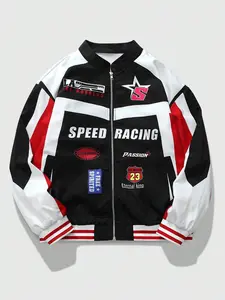 Unisex Speed Racing Color Block Bomber Jacket | Lightweight Nylon | Retro Motorsport Patches | Y2K Grunge Streetwear | Oversized Relaxed Fit | Trendy Urban Outerwear