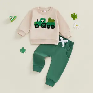 Babamoon St. Patrick's Day Toddler Baby Boy Spring Outfit Clover Truck Embroidered Sweatshirt and Solid Pants Casual Irish Clothes 2Pcs Set