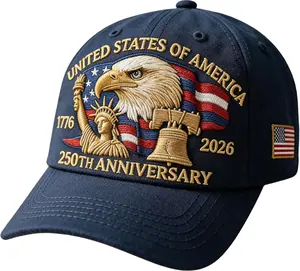 250 Anniversary USA Hat, 100% Embroidered - United States 250th Anniversary Adjustable Baseball Cap with Eagle & Flag Design for Patriotic Americans Navy