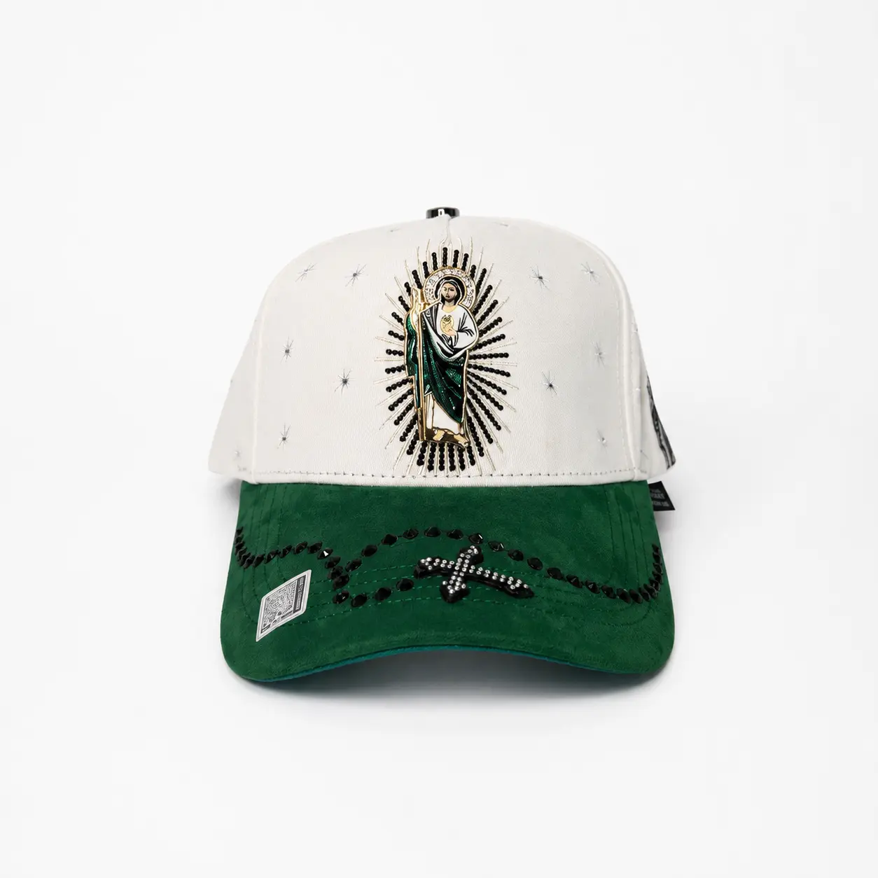 Bigg Boss San Judas Cristal White Hat with Green Brim Unique Design Cross Pendant & Embroidery Baseball Cap
