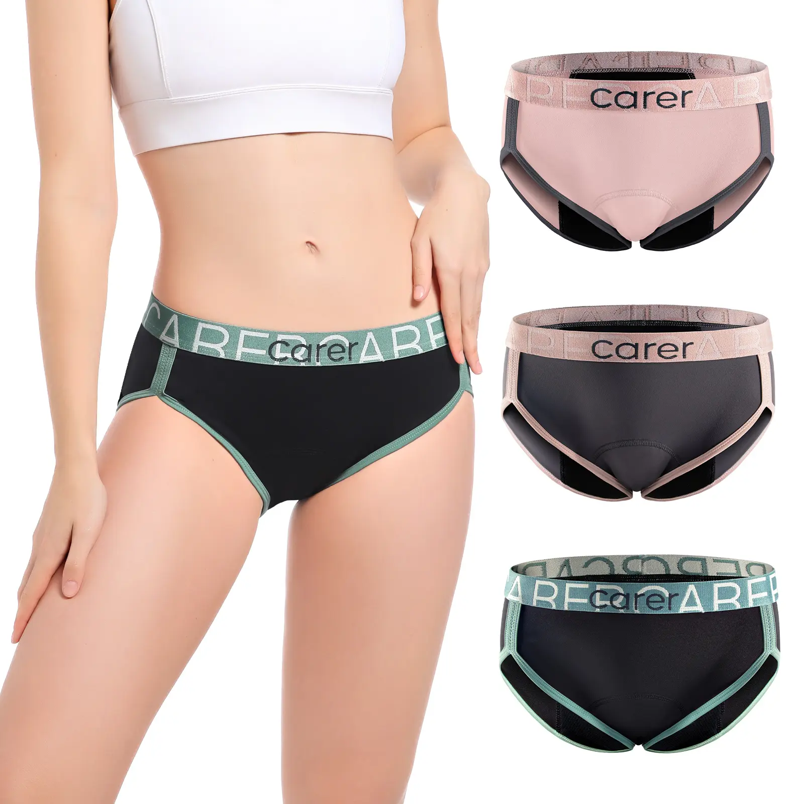 CARER Women's 3-Pack Cheeky Sporty Chic Period Pants - Comfortable Plain Mid-Waist Reusable, Leakproof, Antichafe, High-Absorbency Activewear Underwear for Young Mothers (Cold Wash Recommended), Workout, Sportswear, High-Capacity, Three Pieces Light Gym