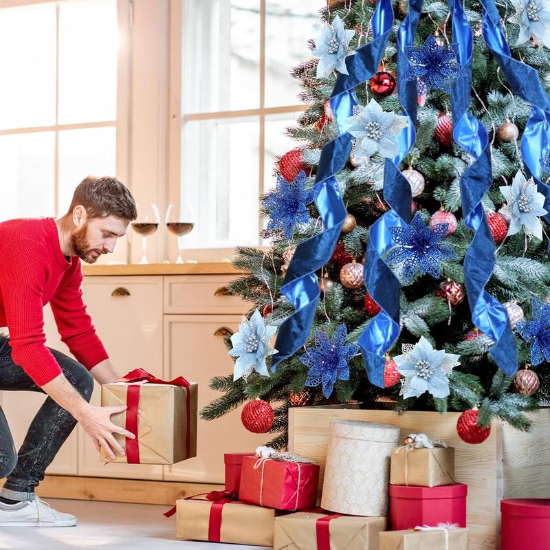 48" x 13" Big Christmas Tree Topper Large Velvet Bow with Long Streamers Christmas Tree Ornaments with 8 Pcs 5.5 Inch Artificial Poinsettia Flowers Decorations for Xmas Decor(Royal Blue)