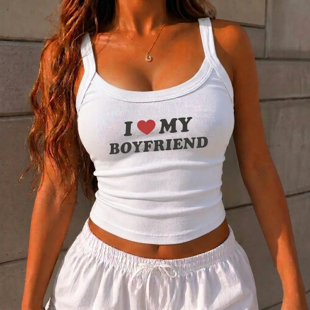 I Love My Boyfriend Heart Graphic BELLA CANVAS Women's Micro Rib Strap Tank, White Fitted Ribbed Cami, Cute Couple Summer Top