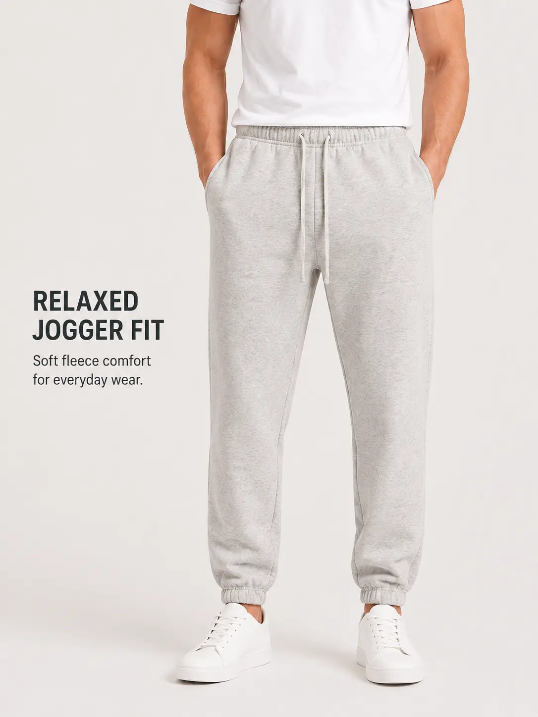 Menswear Light Gray Men's Basic Loose-Fitting Cuffed-Leg Lounge Cotton Joggers, Elastic Waist Below-the-Ankle Pants with Pockets, Cold Wash Only, Casual