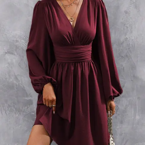 Women's Plain Deep V Neck Fitted Dress, Casual Dress Style Lady Bishop Lantern Long Sleeve Pleated A Line Dress for Spring & Fall, Women's Clothing for Daily Wear, Womenswear