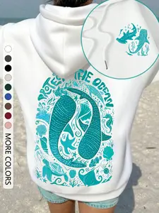 Women's Cartoon Ocean Print Hoodie, Funny Sweatshirt, Loose-Fit Casual Home Wear, Thick Knit Fabric, Fall & Winter Daily Use, Versatile Top