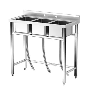 Three basins, one freestanding stainless steel sink. Soak, wash, and rinse all at once without plumbing a built-in unit. NSF certified, adjustable legs, and a storage shelf underneath. 39 inches wide, ready to install. Tap to order.