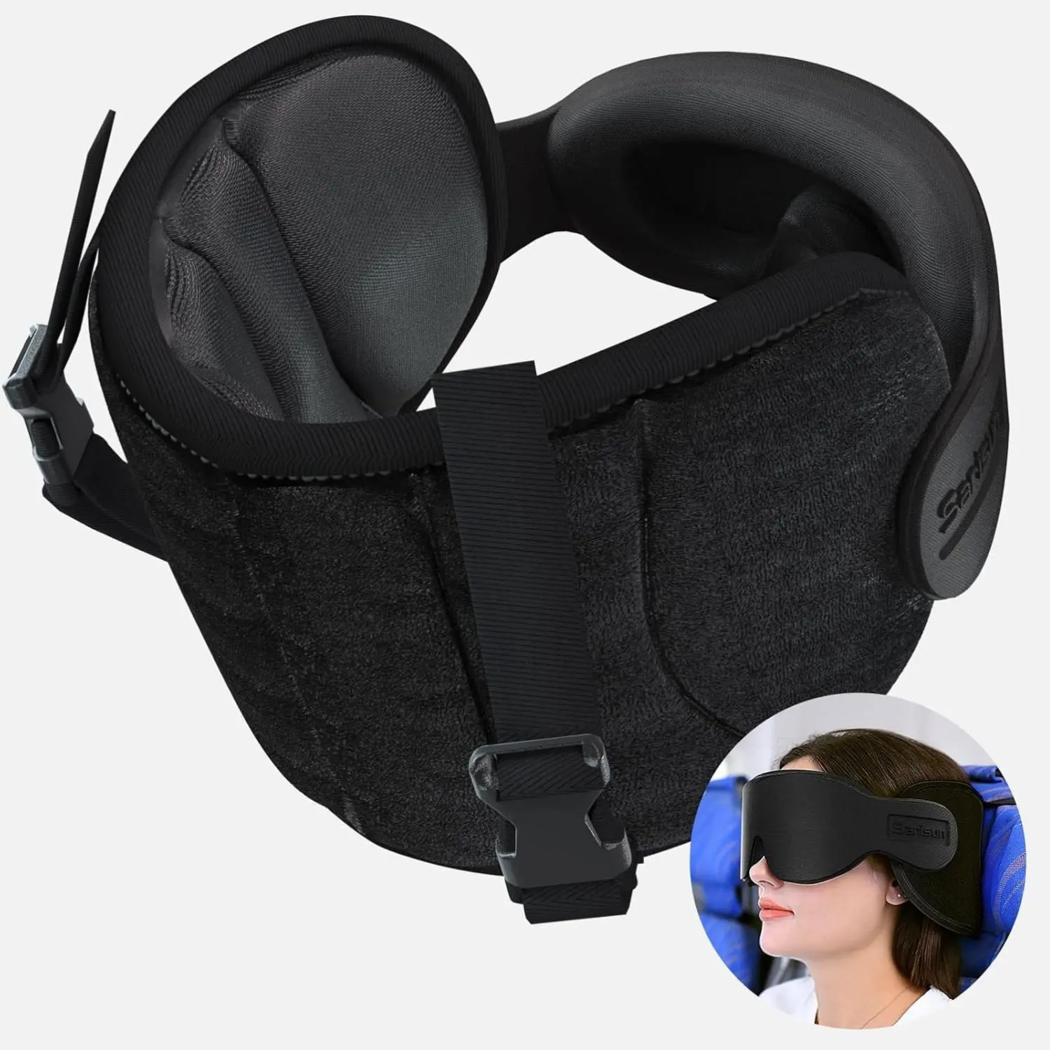 Travel Pillows for Airplanes - Long Flight, Airplane Head Strap with Eye Mask, 360° Support Headrest, Black, Stop Bobblehead Supportive Memory Foam Ergonomic Memory Foam