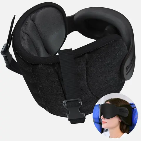 Travel Pillows for Airplanes - Long Flight, Airplane Head Strap with Eye Mask, 360° Support Headrest, Black, Stop Bobblehead Supportive Memory Foam Ergonomic Memory Foam