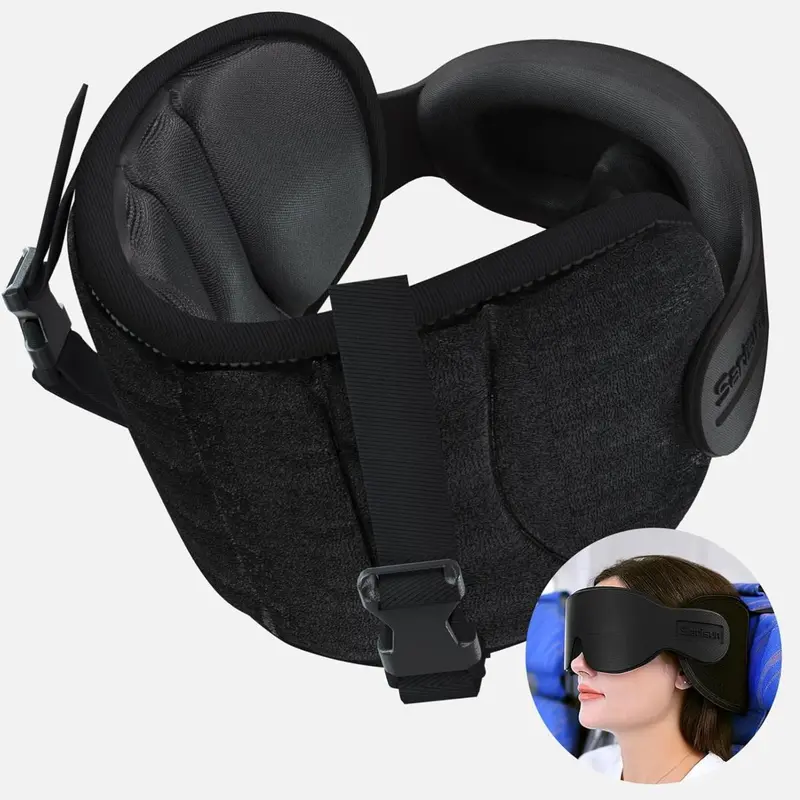 Travel Pillows for Airplanes - Long Flight, Airplane Head Strap with Eye Mask, 360° Support Headrest, Black, Stop Bobblehead Supportive Memory Foam Ergonomic Memory Foam