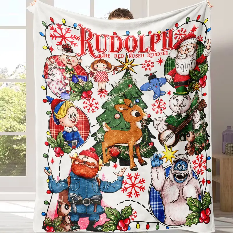 Rudolph The Red-Nosed Reindeer Soft Fleece Christmas Collage Throw Blanket - Vintage Cartoon Mix, Snowflake Print, Warmth Boost, Room Decor, Living Room Decor, Sofa Bed Use, Retro Holiday Movie Fan Gift
