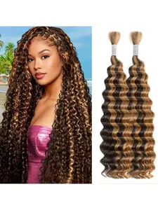 Highlight Deep Wave Bulk Human Hair For Braiding Remy Honey Blonde Ombre Braiding Hair 4/27 Human Curly Hair for Boho Braids, Deep Wave Braiding Hair  for Bohemian Styles