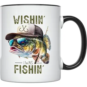 YouNique Designs Fishing Coffee Mug - Ceramic Funny Fish Mug, 11oz - Gifts for Fishermen, Black Handle