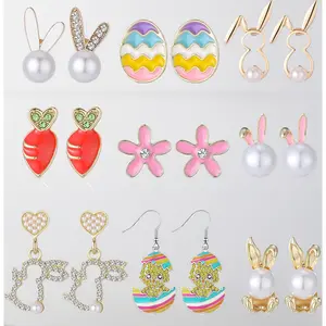 9-Pair Easter Earring Set for Women - Cute Bunny, Egg & Carrot Designs with Enamel & Pearls. Spring Holiday Jewelry for Basket Stuffers, Party Favors, or Gifts