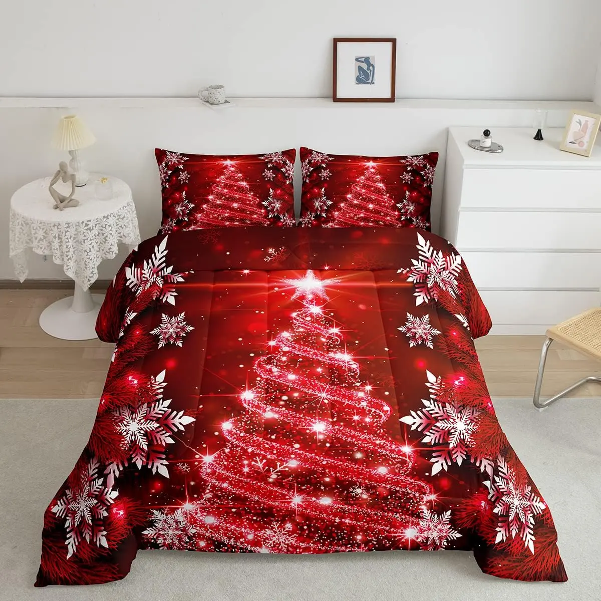 Red Christmas Tree Duvet Comforter Set - Toddler & Adult Complete Bedding, Luxury Chic Holiday Style, Digital Print Geometric Snowflake Star Design, Soft Breathable Microfibre Fabric, Cuddly Soft for Peaceful Sleep, Comfy Bed Setup, Multi-Size, Complete B