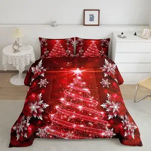 Christmas Tree Bed Comforter Set,Luxury Chic Xmas Theme Luxury Bedding Set,Snowflake Star Comforter,Microfiber Red Comfortable Bedding