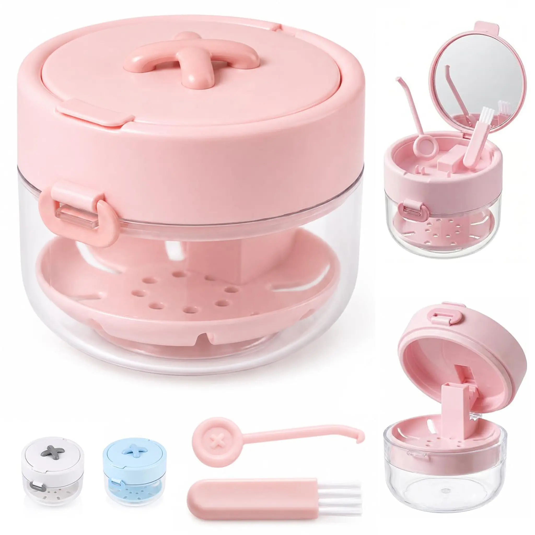3 in 1 Retainer Case, Denture Bath Box with Drain Basket, Aligner Storage Container for Invisible Braces, Wire Retainers, False Teeth, Comes with Cleaning Brush & Remover Tool