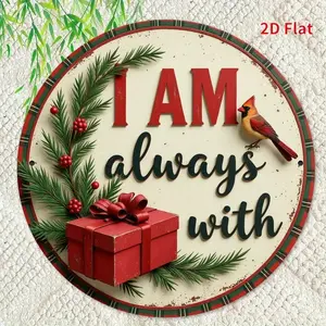 1pc Vintage Metal 2D Flat Christmas Sign, 8x8 Inch Round Wall Hanging Decorative Plaque, "I AM ALWAYS WITH" Festive Design with Red Cardinal Bird & Holly Berries, Ideal for Restaurants, Cafes, for Man Caves, Offices, Bars, Ornaments Decoration