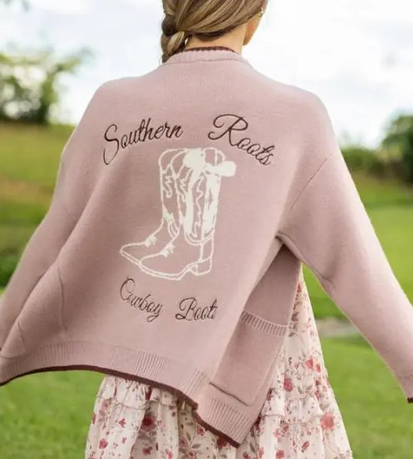 Southern Roots Cowboy Boots Mauve Sweater Western Cardigan Casual Fashion
