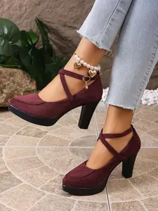 French Vintage Cross Strap Platform Pumps - Retro Round Toe Suede Block High Heels with Moccasin Stitching, Elegant Mary Jane Inspired Women's Shoes for Trend Look