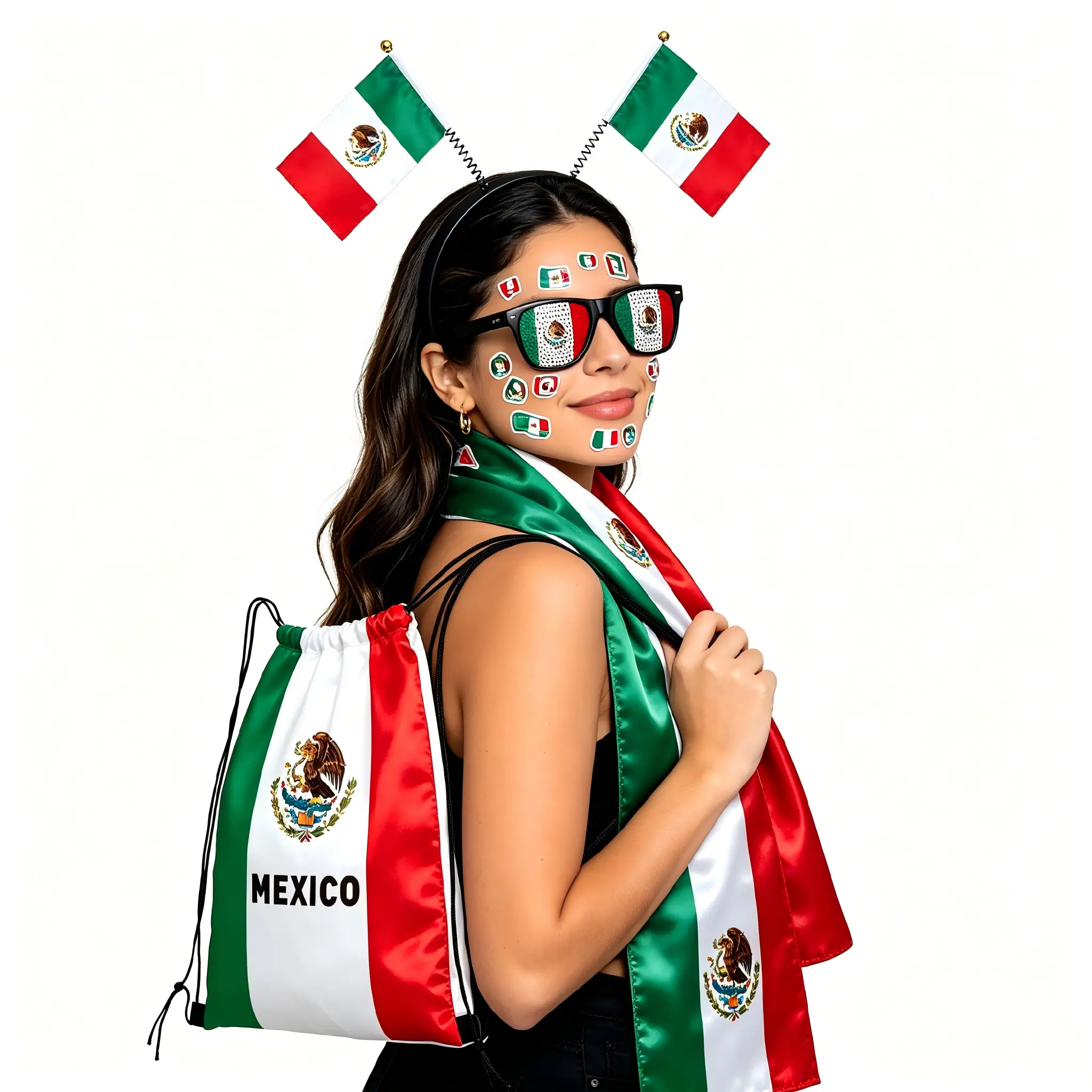 Mexican Theme Unisex 7-in-1 Mexico Fanbox Matching Set with Box, Flag Hat, Glasses, Scarves, Drawstring Bag, Wristbands, Headband & Stickers for Sports Game Days, National Pride Festive Party Supplies